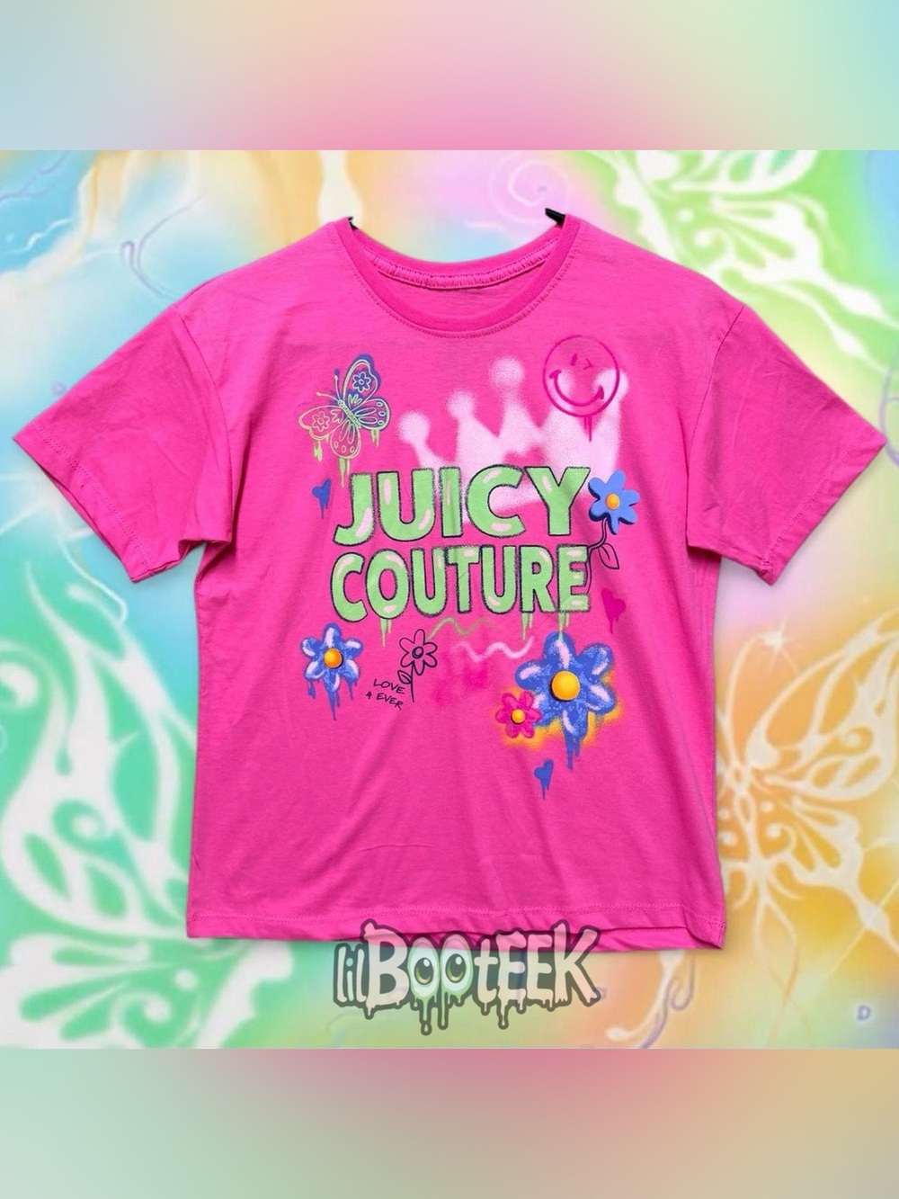 Juicy Couture Kids MD Pink Glitter Graffiti Butterfly Floral Crown T-Shirt